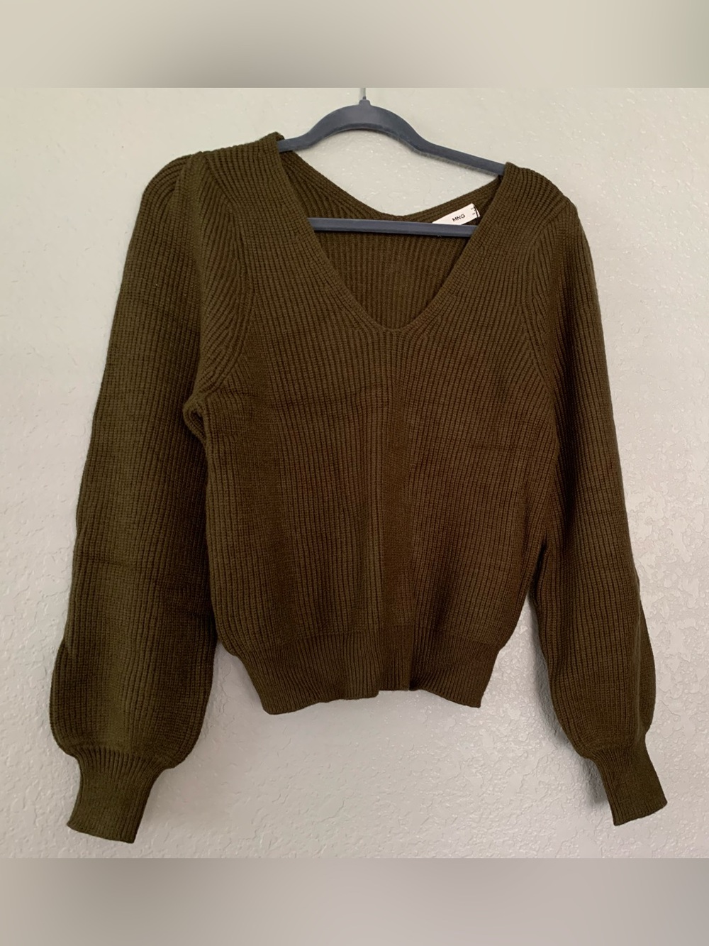 Mango Olive V-Neck Ribbed Balloon Sleeve Sweater
